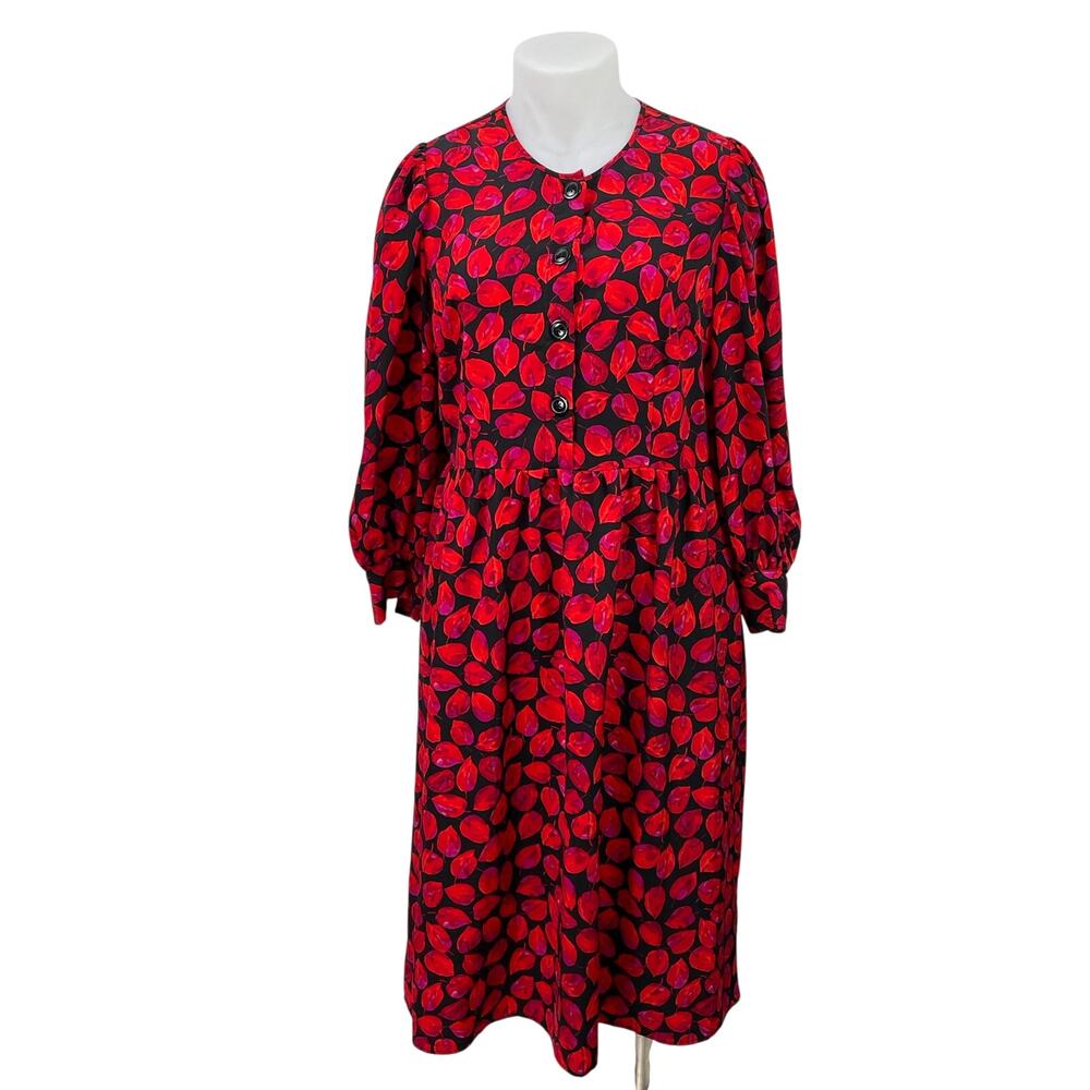 Who What Wear Red Petal Leaf Long Sleeve Button Front Midi Shirt Dress Size XL